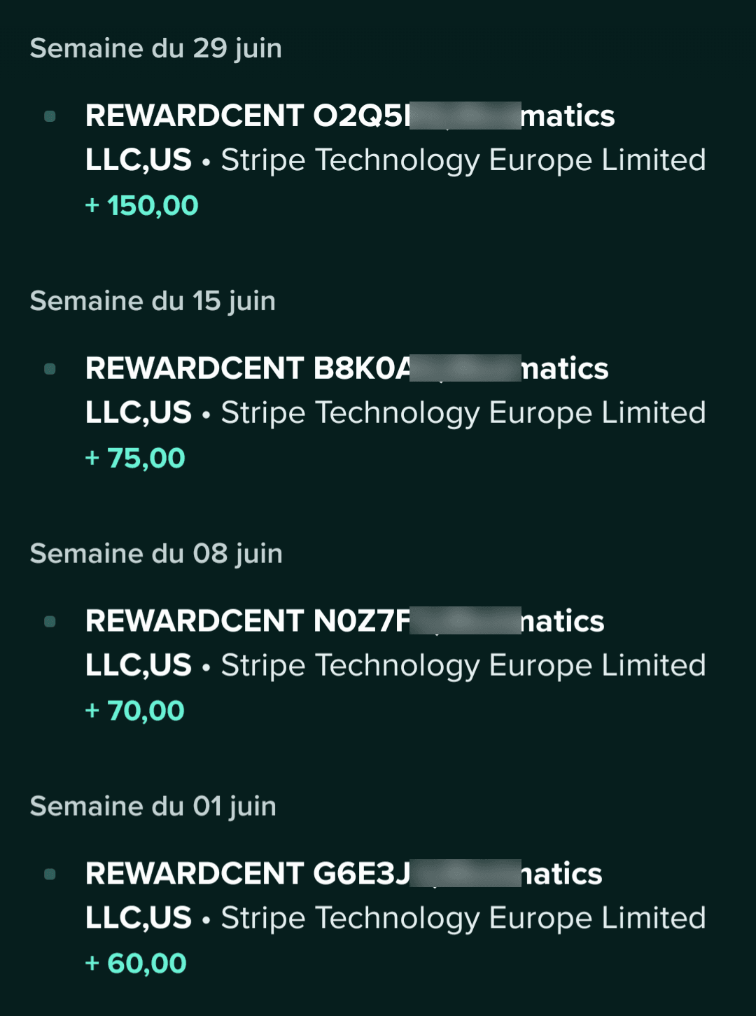 Quatre virements reçus en juin (60 €, 70 €, 75 €, 150 €), codes de transaction floutés