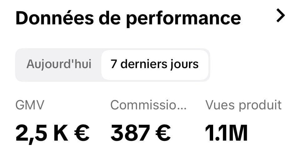 Données de performance 7 jours — GMV, commissions, vues produit